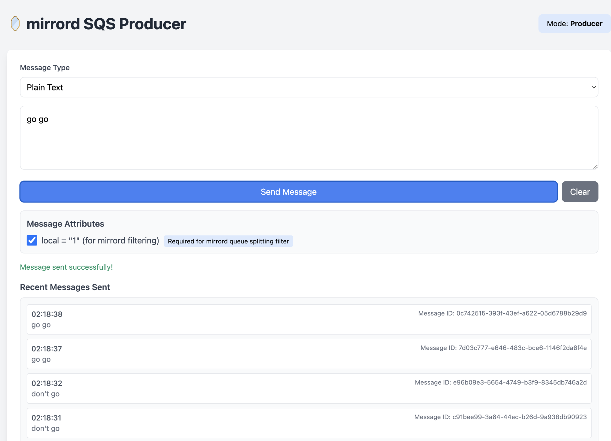 SQS Producer UI Screenshot for Queue Splitting